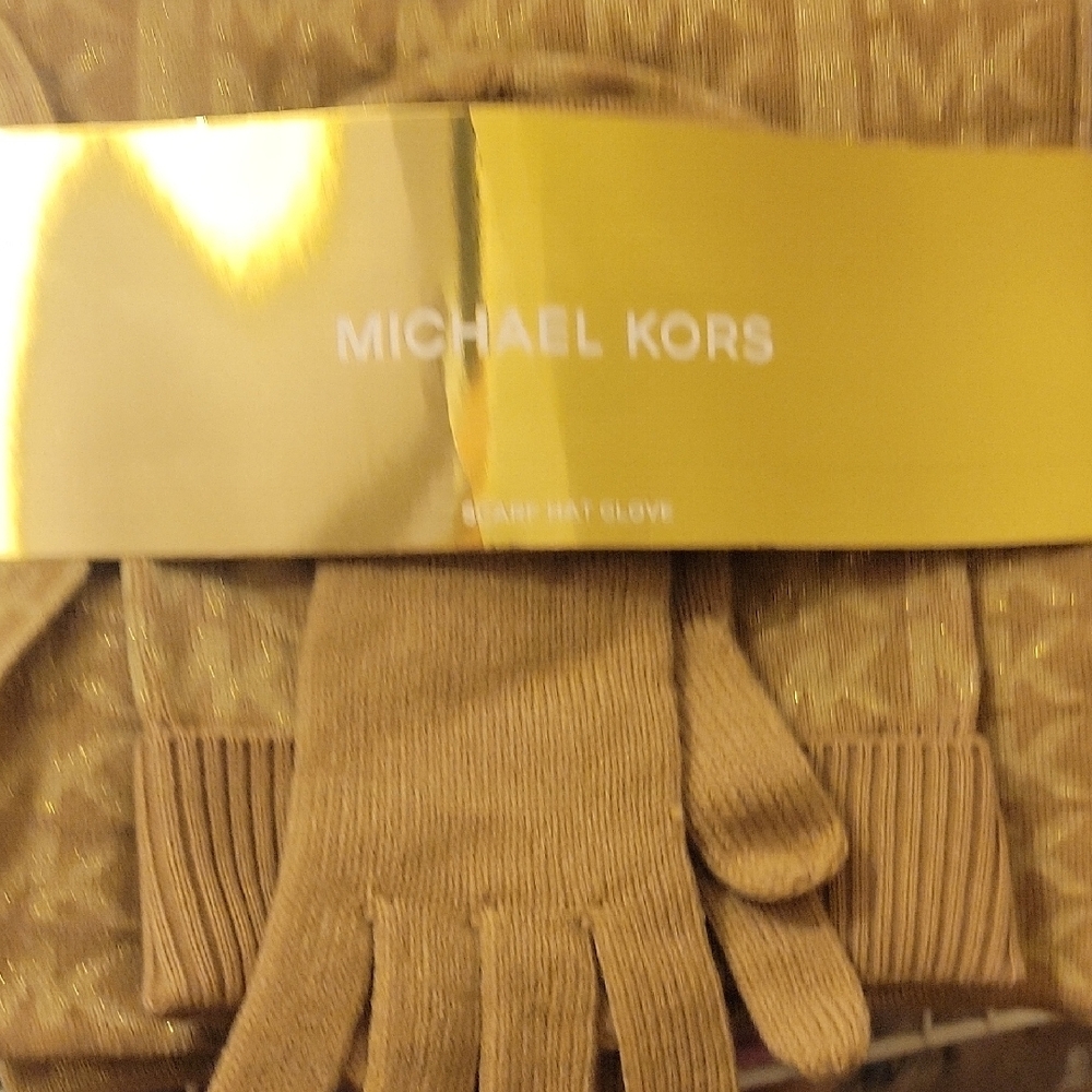 Michael Kors Gold Scarf, Hat, and Glove Set